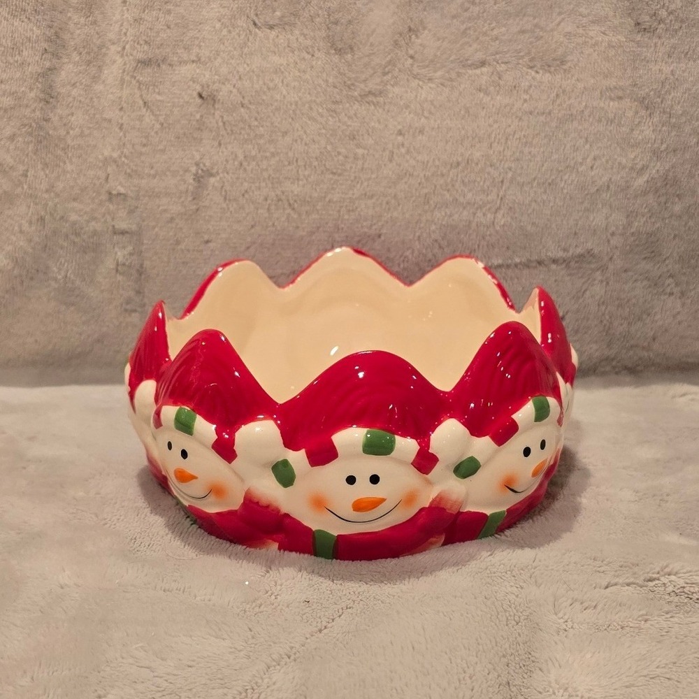 Royal Norfolk Snowman Ceramic Candy Bowl Red White Green Scalloped Holiday Decor